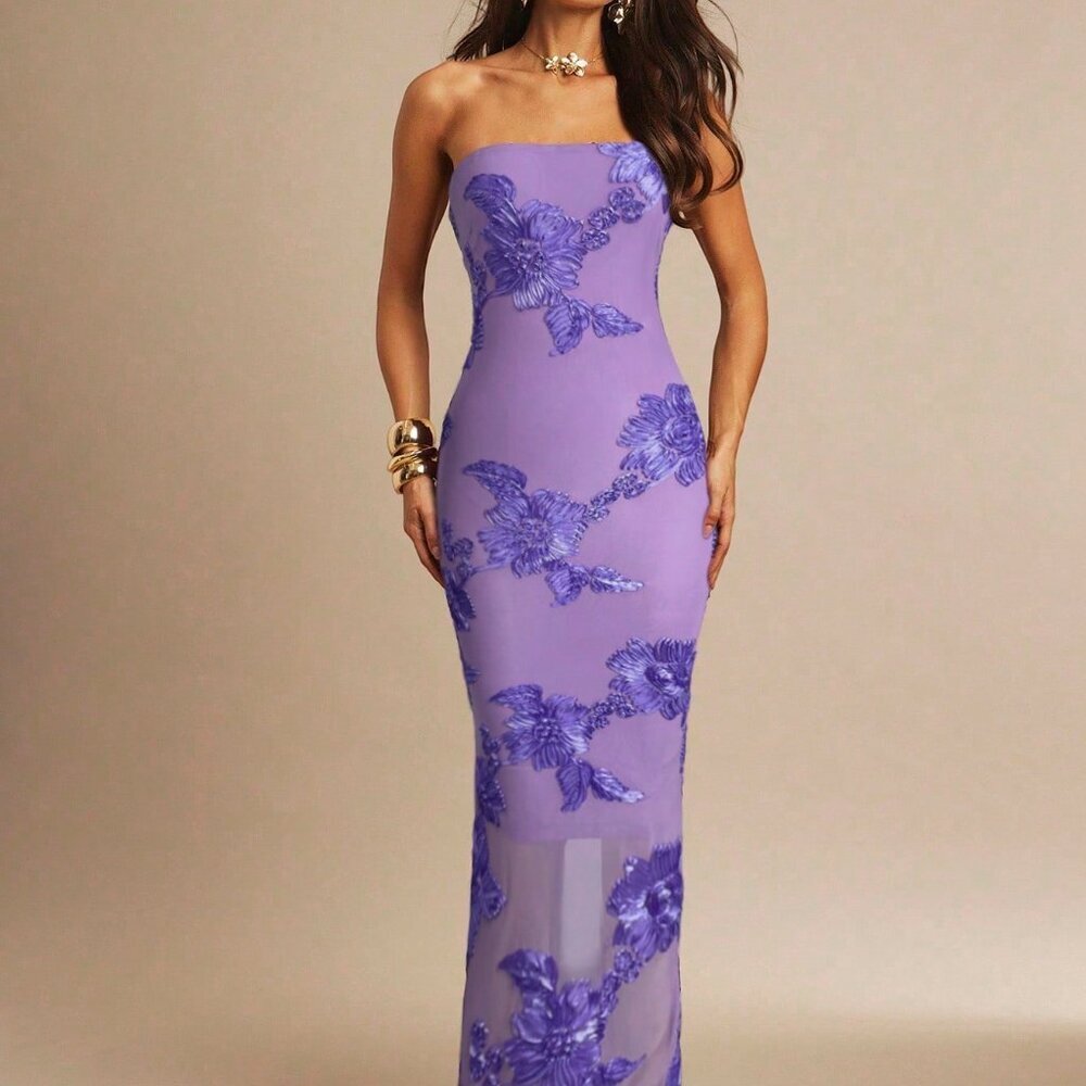 Mauve Purple Party Women's 3d Floral Sexy Bodycon Camisole Dress - Picture 4 of 6